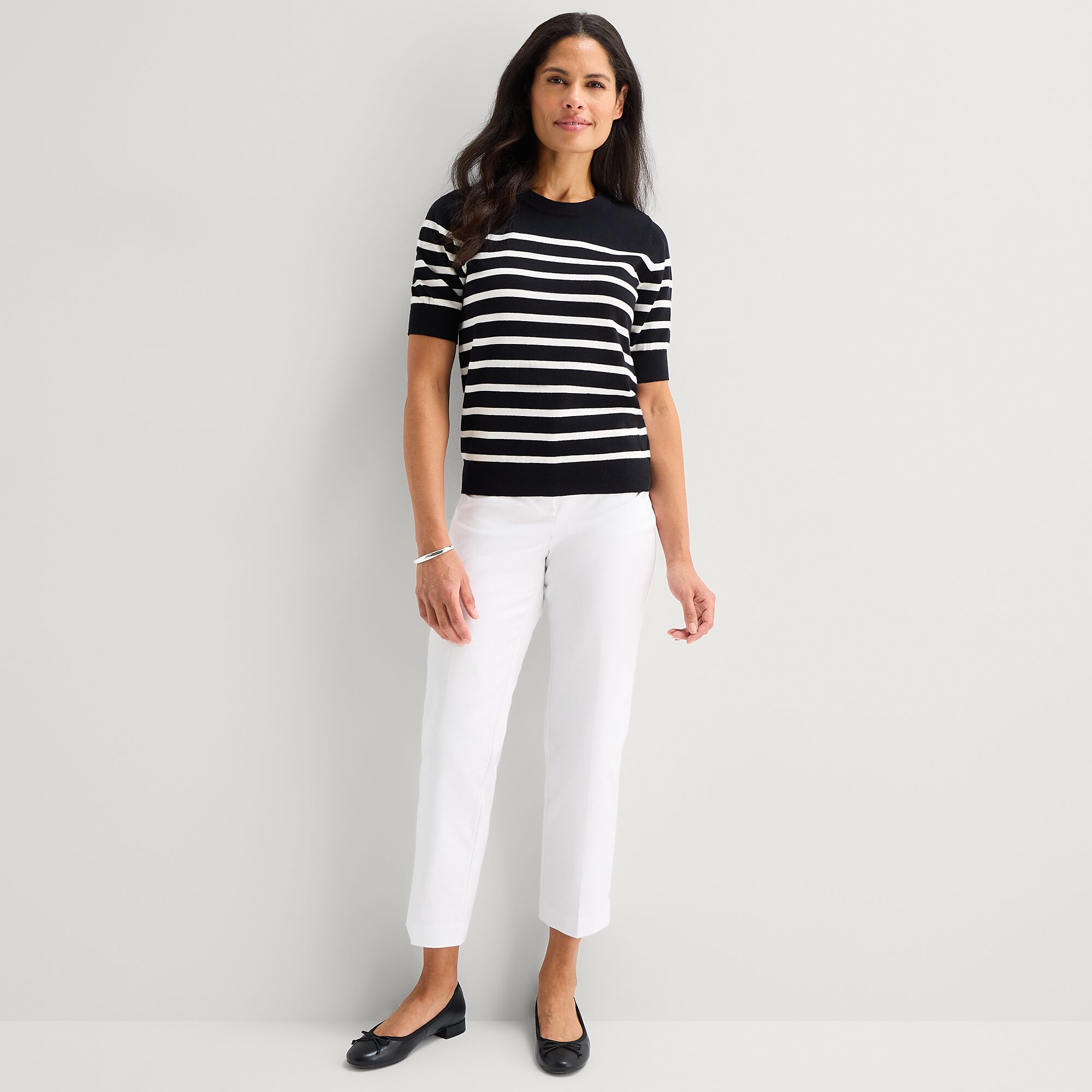 Liz Claiborne Womens Crew Neck Short Sleeve Striped Pullover Sweater