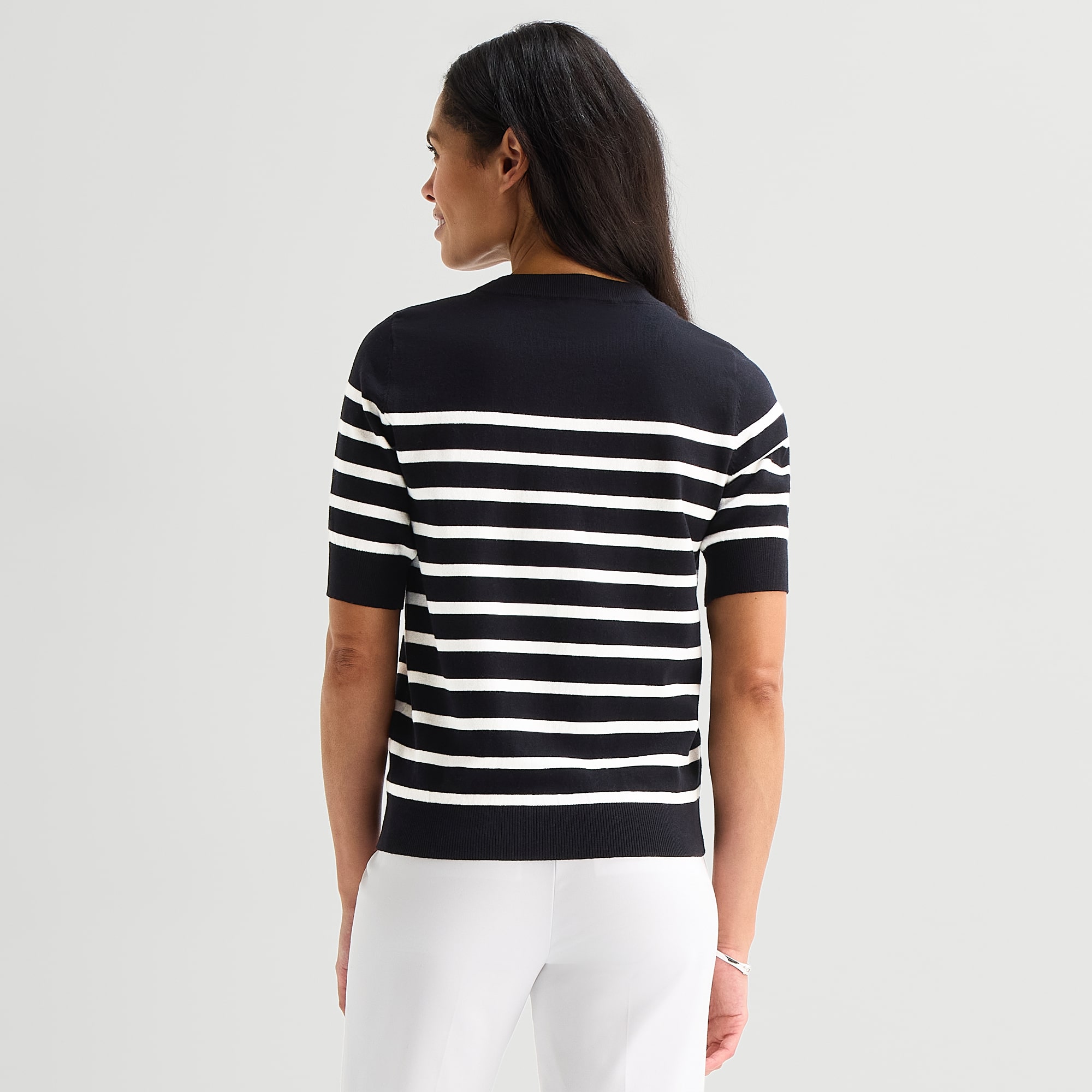 Liz Claiborne Womens Crew Neck Short Sleeve Striped Pullover Sweater