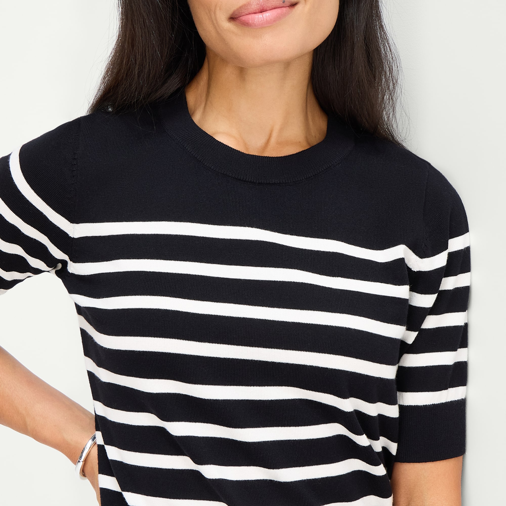 Liz Claiborne Womens Crew Neck Short Sleeve Striped Pullover Sweater