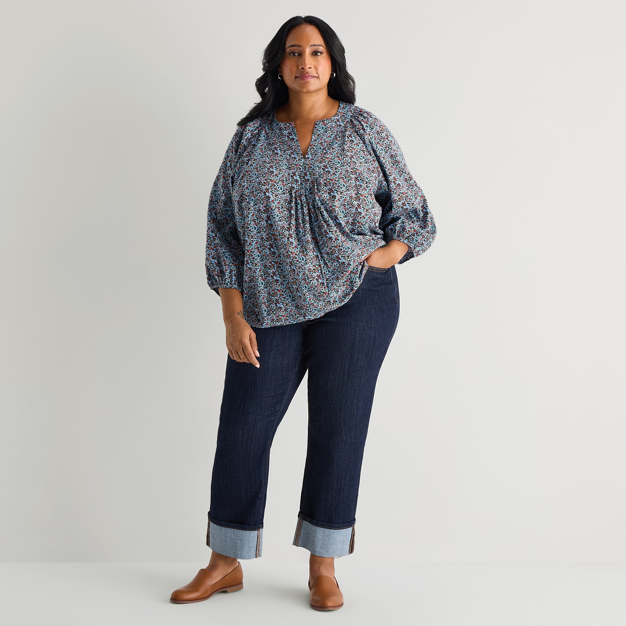 St. John's Bay Womens Plus Split Crew Neck 3/4 Sleeve Blouse