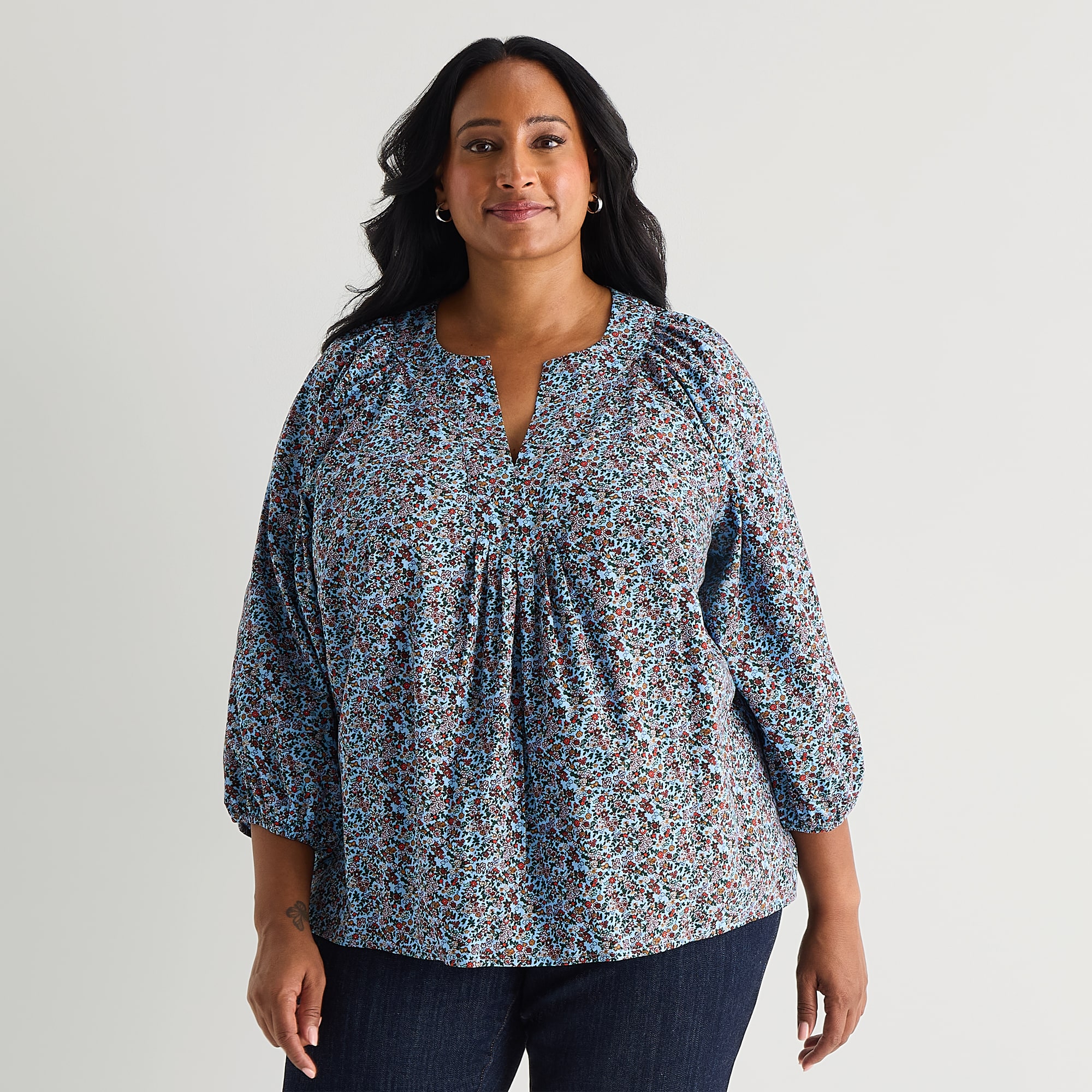 St. John's Bay Womens Plus Split Crew Neck 3/4 Sleeve Blouse