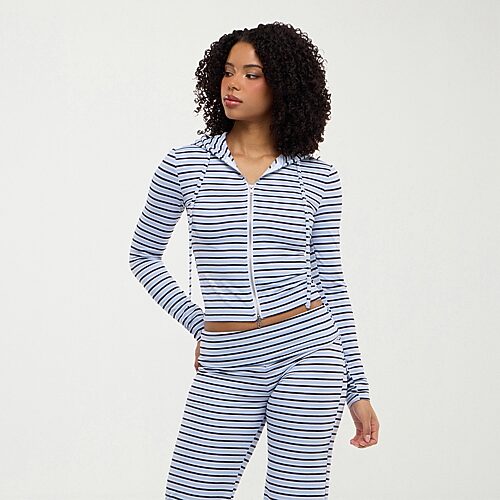 Forever 21 Na Womens Hooded Long Sleeve Zipper Striped Cardigan, Large, White