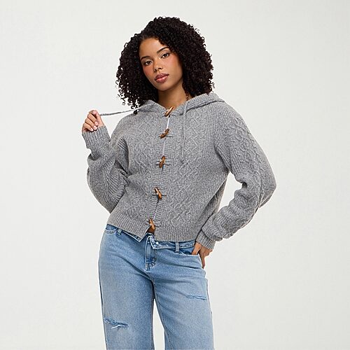 Forever 21 Na Womens Hooded Long Sleeve Cable Knit Cardigan, X-large, Gray