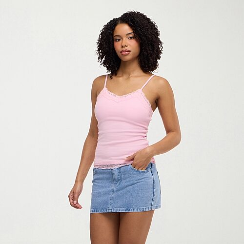 Forever 21 Na Womens V Neck Sleeveless Lace Trim Camisole, Large, Pink