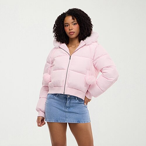 Forever 21 Na Womens Hooded Puffer Jacket, Large, Pink