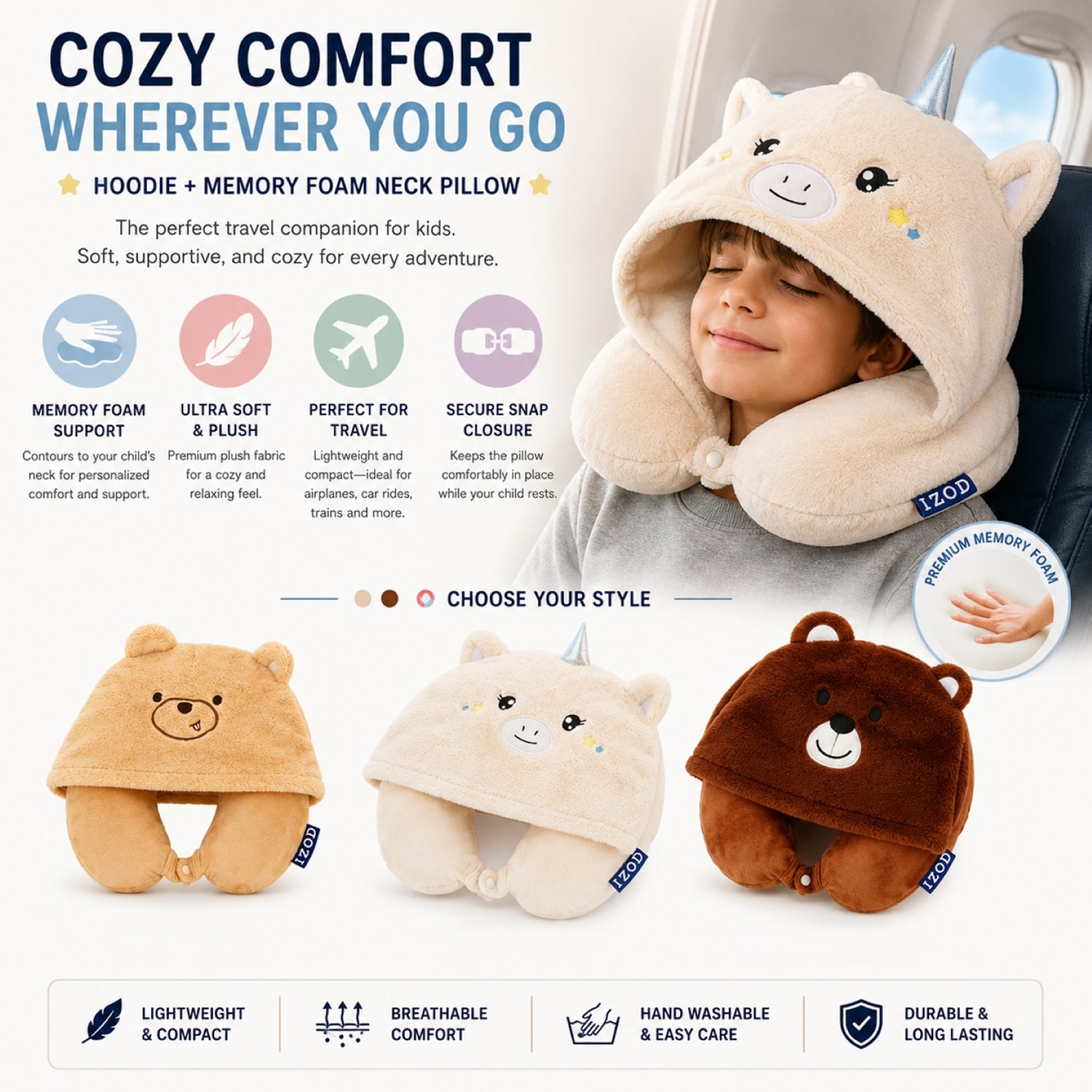 IZOD Mimi Kids Memory Foam Travel Pillow