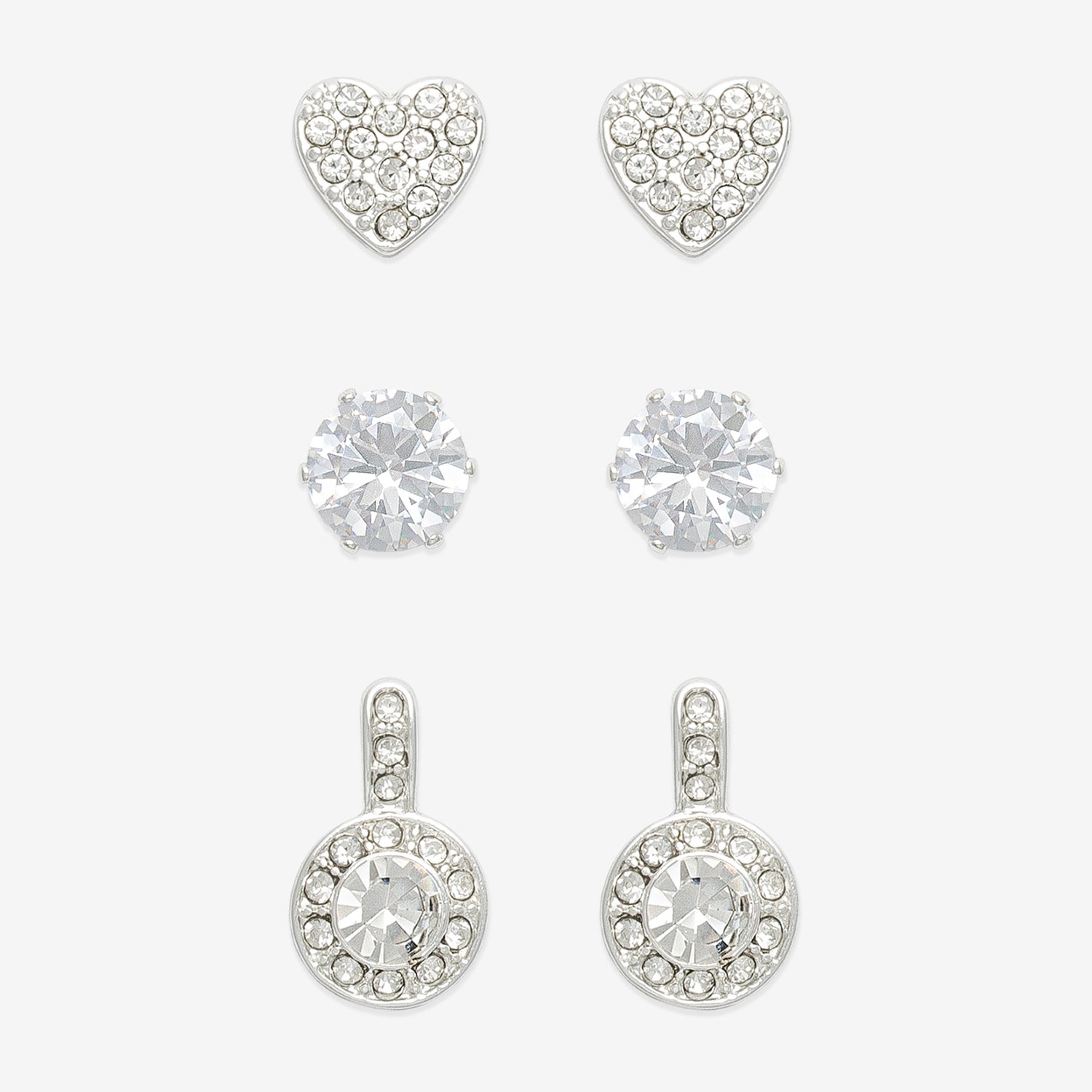 Mixit Silver Tone Stud Womens Cubic Zirconia Heart Round 3 Pair Earring Set