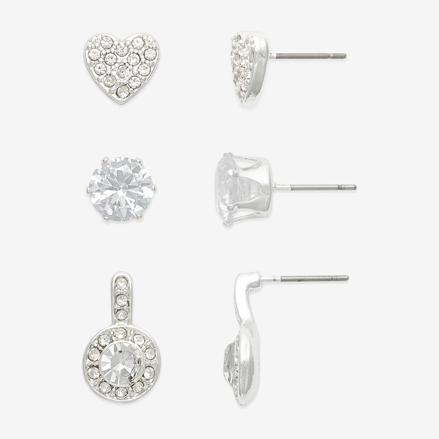 Mixit Silver Tone Stud Womens Cubic Zirconia Heart Round 3 Pair Earring Set