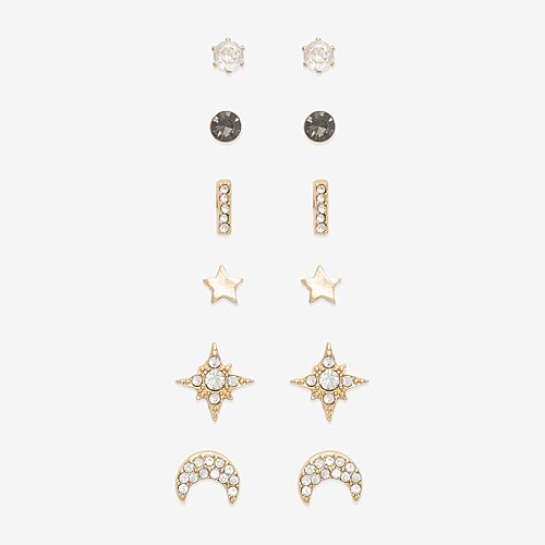 Mixit Stud Womens Cubic Zirconia Moon Star 6 Pair Earring Set, One Size, Yellow