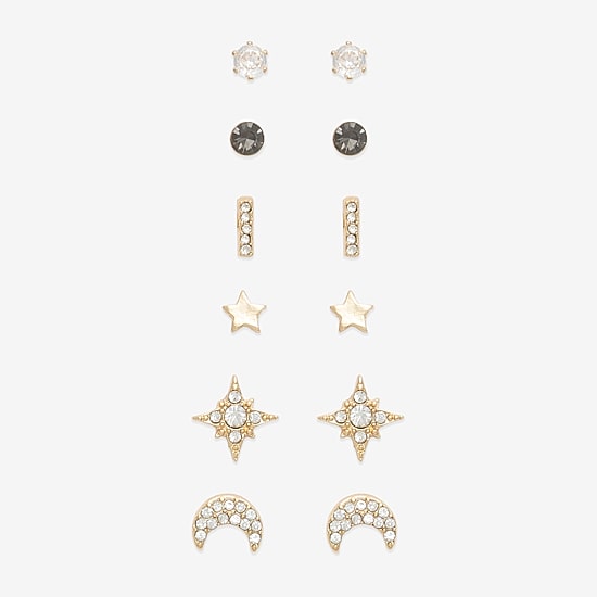 Mixit Stud Womens Cubic Zirconia Moon Star 6 Pair Earring Set