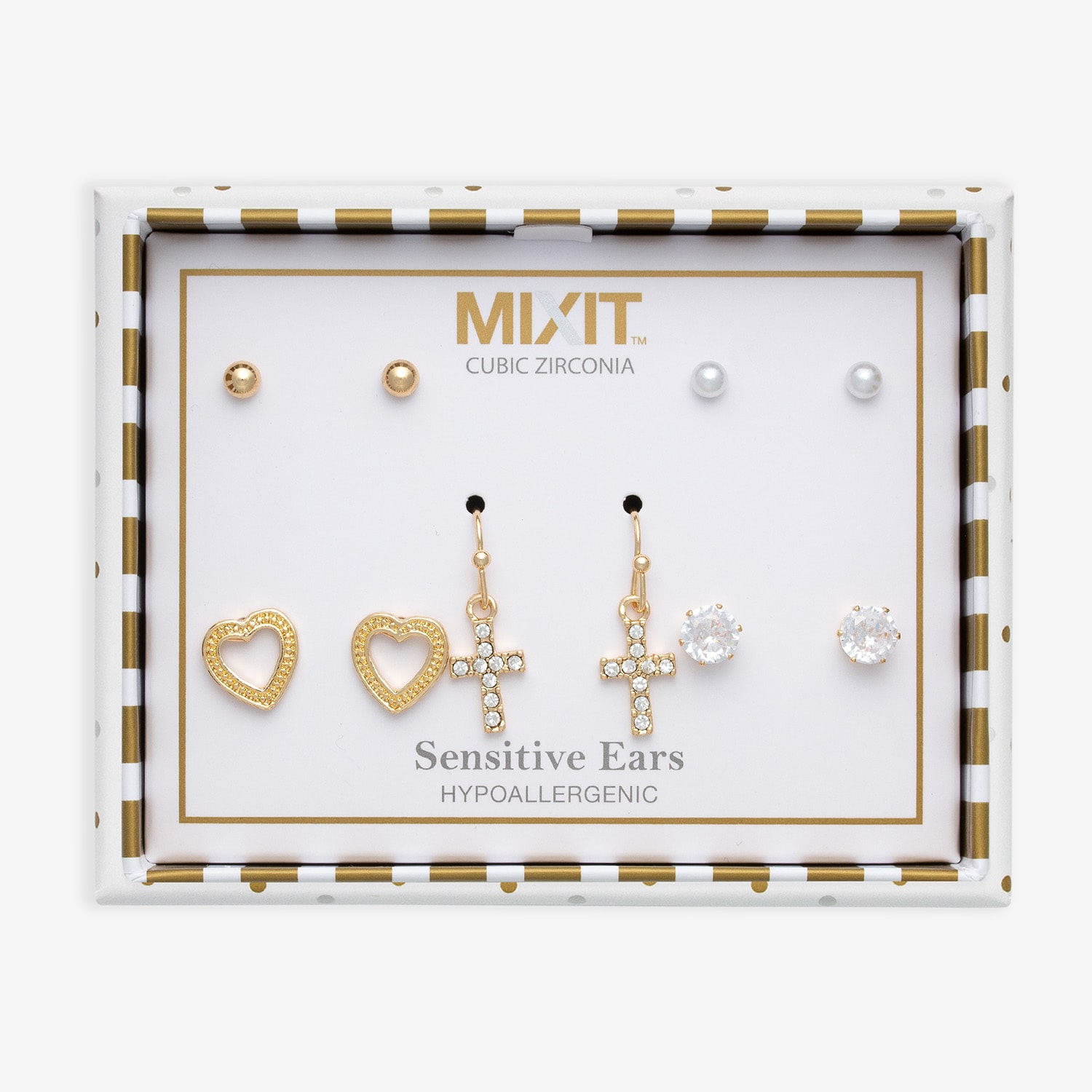 Mixit Stud Womens Cubic Zirconia Cross Heart 5 Pair Earring Set