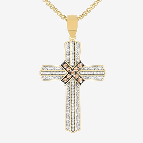Mens 1/2 CT. T.W. Natural White Diamond 14K Gold Over Silver Cross 22 Inch Pendant Necklace, One Size, Yellow