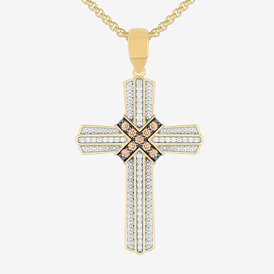 Mens 1/2 CT. T.W. Natural White Diamond 14K Gold Over Silver Cross 22 Inch Pendant Necklace