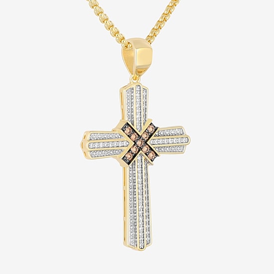 Mens 1/2 CT. T.W. Natural White Diamond 14K Gold Over Silver Cross 22 Inch Pendant Necklace
