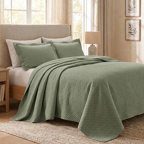 SUPERIOR Solitaire Diamond Matelasse Geometric 3-pc. Jacquard Easy Care Bedspread Set, One Size, Green