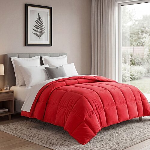 SUPERIOR Solid All Season Plush Microfiber Down Alternative Hypoallergenic Comforter, One Size, Red