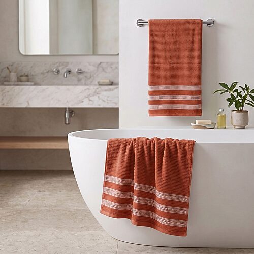 Superior Brea Zero Twist Cotton Ribbed Geometric Border Plush Soft Absorbent 3-Piece Bath Towel Set - Rust