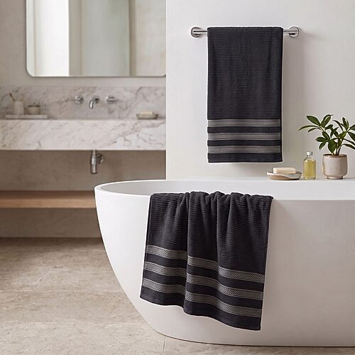 Superior Brea Zero Twist Cotton Ribbed Geometric Border Plush Soft Absorbent 3-Piece Bath Towel Set - Black