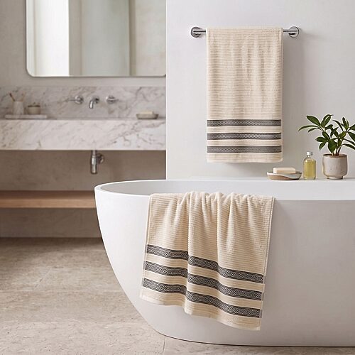 Superior Brea Zero Twist Cotton Ribbed Geometric Border Plush Soft Absorbent 3-Piece Bath Towel Set - Ivory