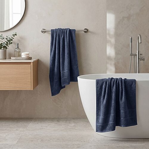 Superior Napa Zero Twist Waffle Honeycomb Plush Soft Absorbent 3-Piece Bath Towel Set - Navy Blue