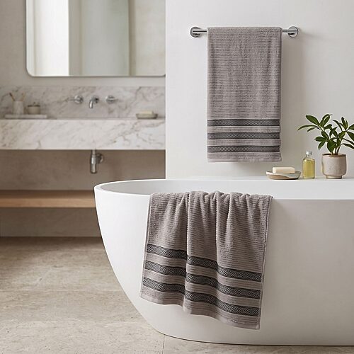 Superior Brea Zero Twist Cotton Ribbed Geometric Border Plush Soft Absorbent 3-Piece Bath Towel Set - Gray