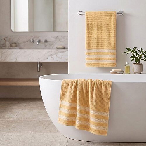 Superior Brea Zero Twist Cotton Ribbed Geometric Border Plush Soft Absorbent 3-Piece Bath Towel Set - Gold