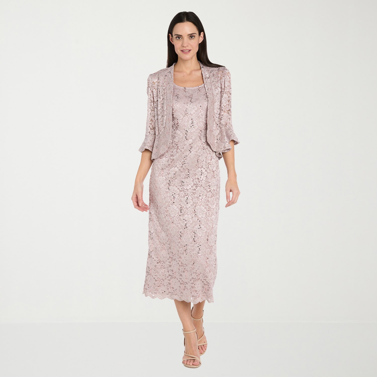 R & M Richards Womens Midi Lace Jacket Dress