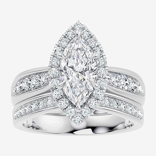 (F-G / Vs2 - Si1) Womens 2 3/4 CT. T.W. Lab Grown White Diamond Sterling Silver Marquise Side Stone Halo Bridal Set
