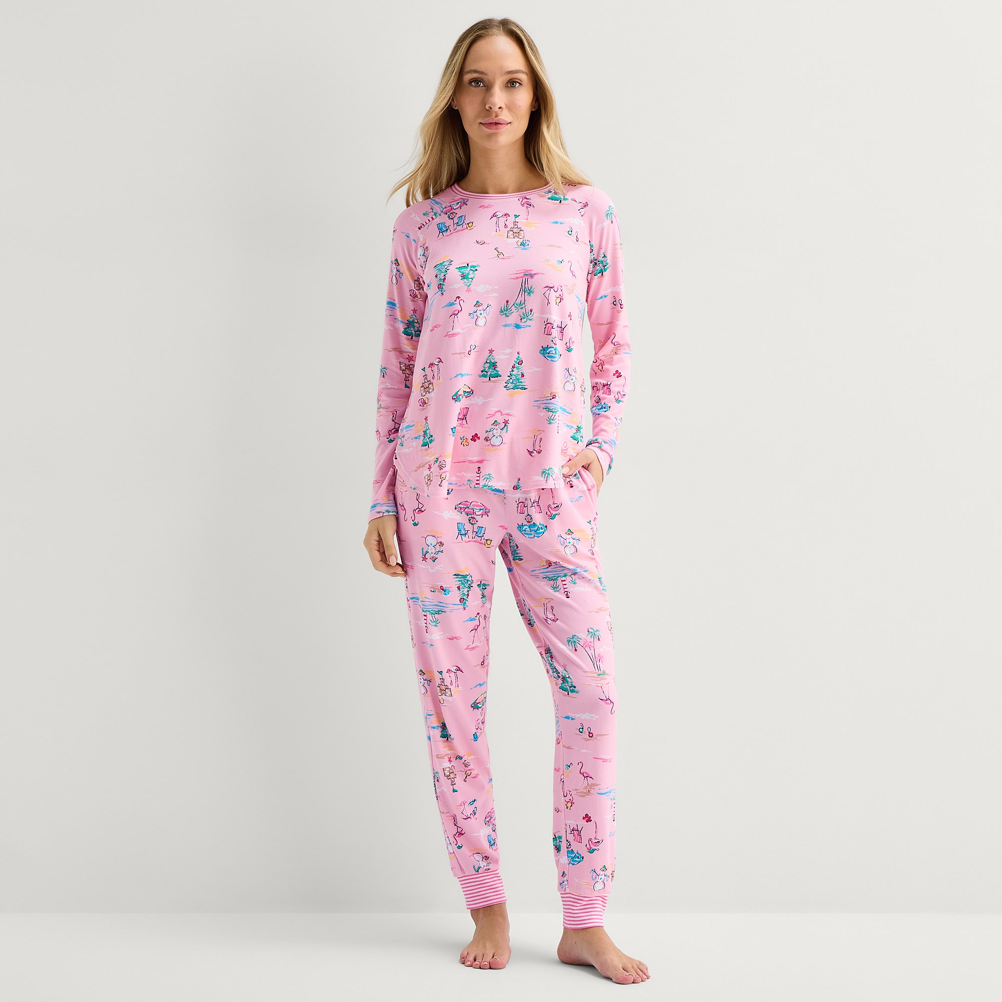 Cuddl Duds Womens Round Neck Long Sleeve 2-pc. Pajama Set