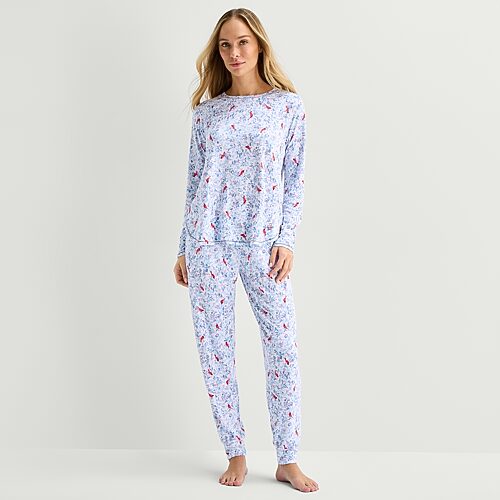 Cuddl Duds Women's Long-Sleeve Brushed Sweater Knit Jogger Top and Pants, 2-Piece Set - White Novelty
