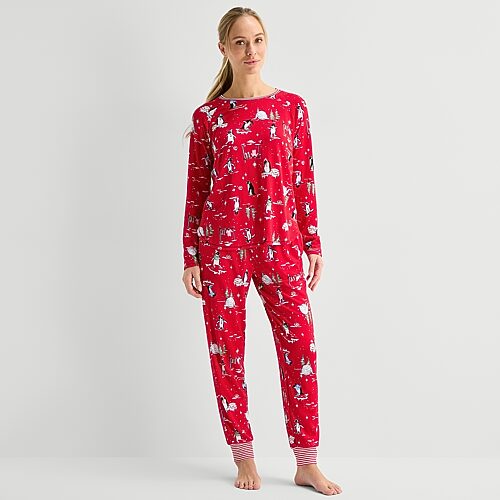 Cuddl Duds Women's Long-Sleeve Brushed Sweater Knit Jogger Top and Pants, 2-Piece Set - Red Print