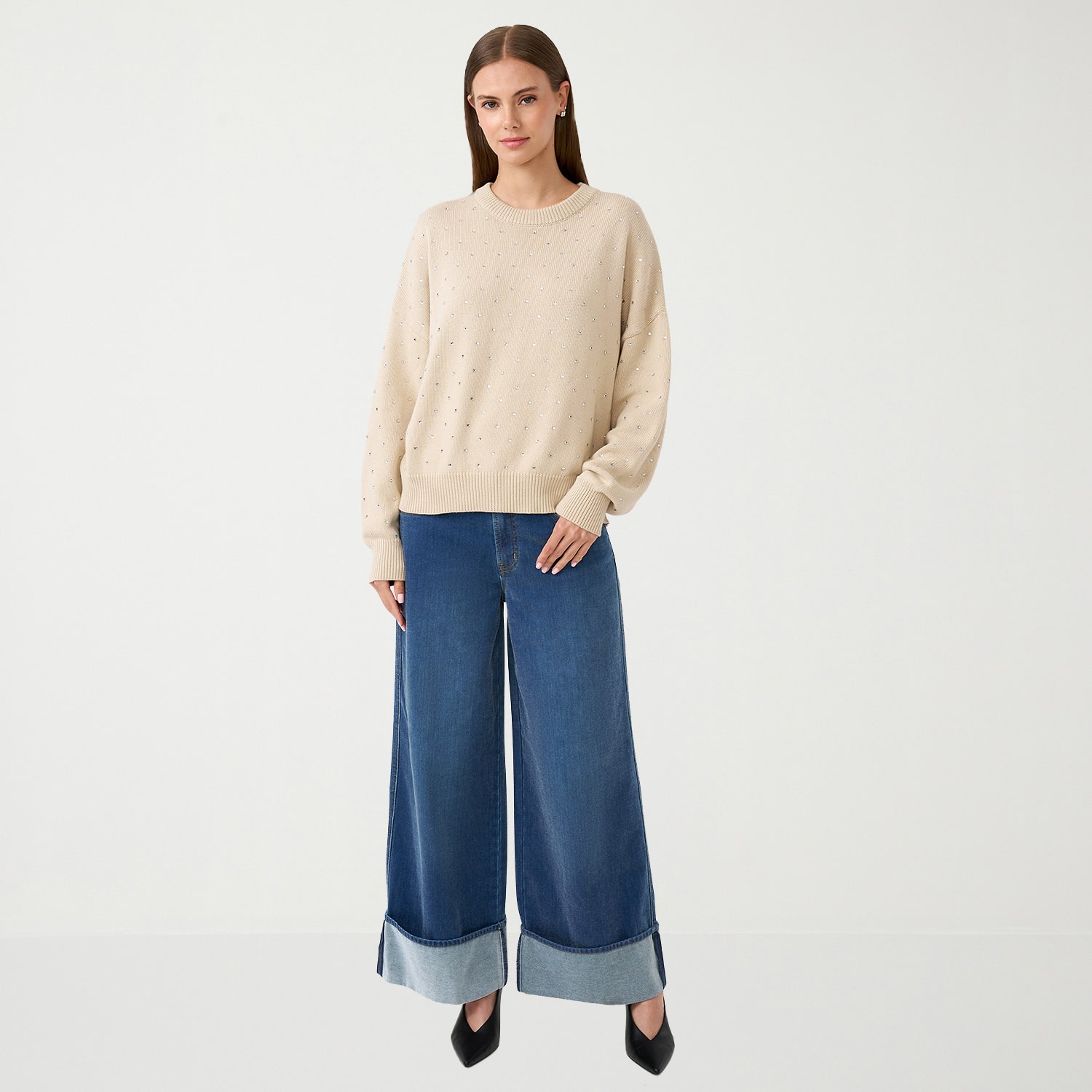 RM Rebecca Minkoff Womens Crew Neck Embellished Long Sleeve Pullover Sweater