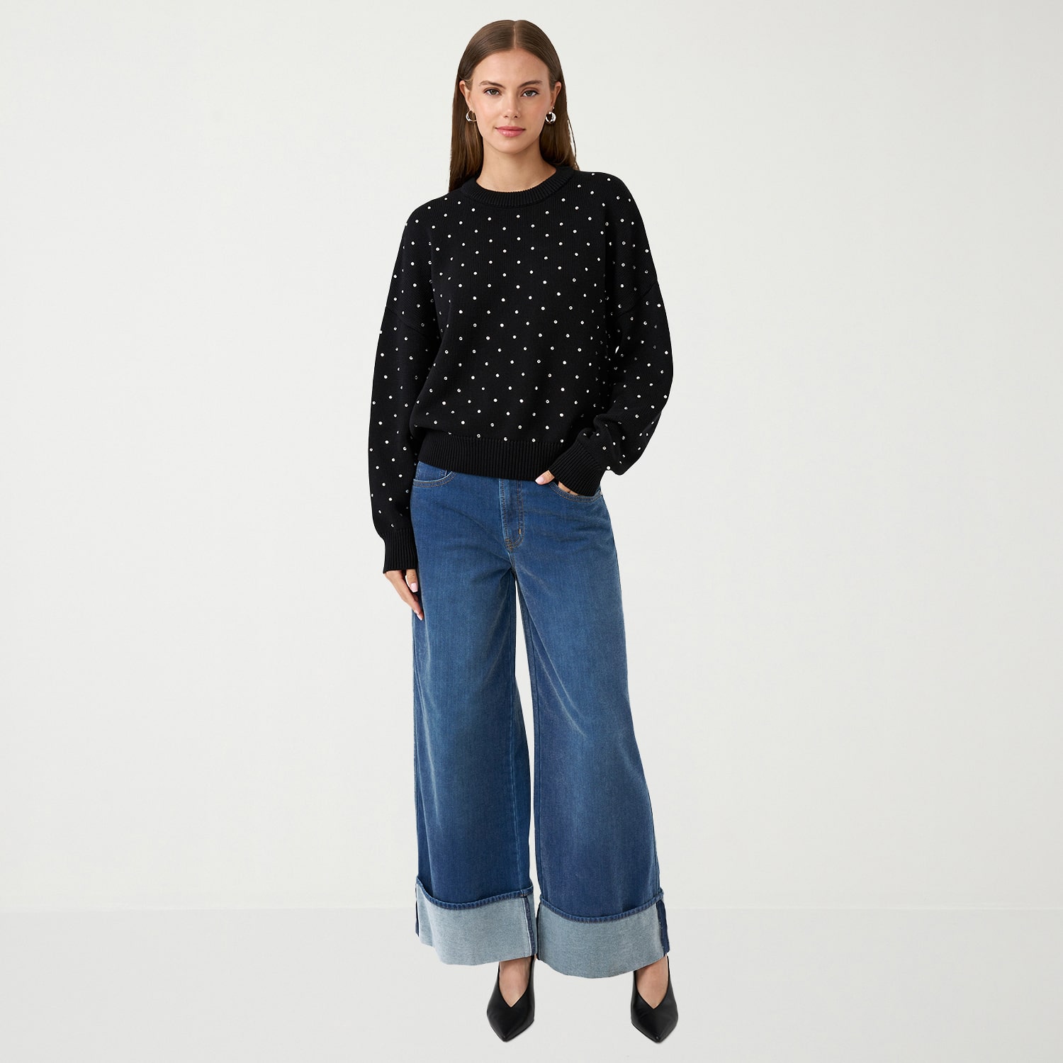 RM Rebecca Minkoff Womens Crew Neck Embellished Long Sleeve Pullover Sweater