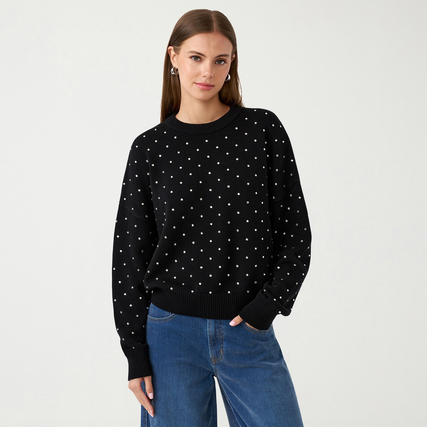 RM Rebecca Minkoff Womens Crew Neck Embellished Long Sleeve Pullover Sweater