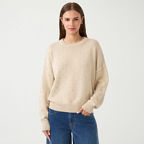 RM Rebecca Minkoff Womens Crew Neck Embellished Long Sleeve Pullover Sweater, X-small, Beige