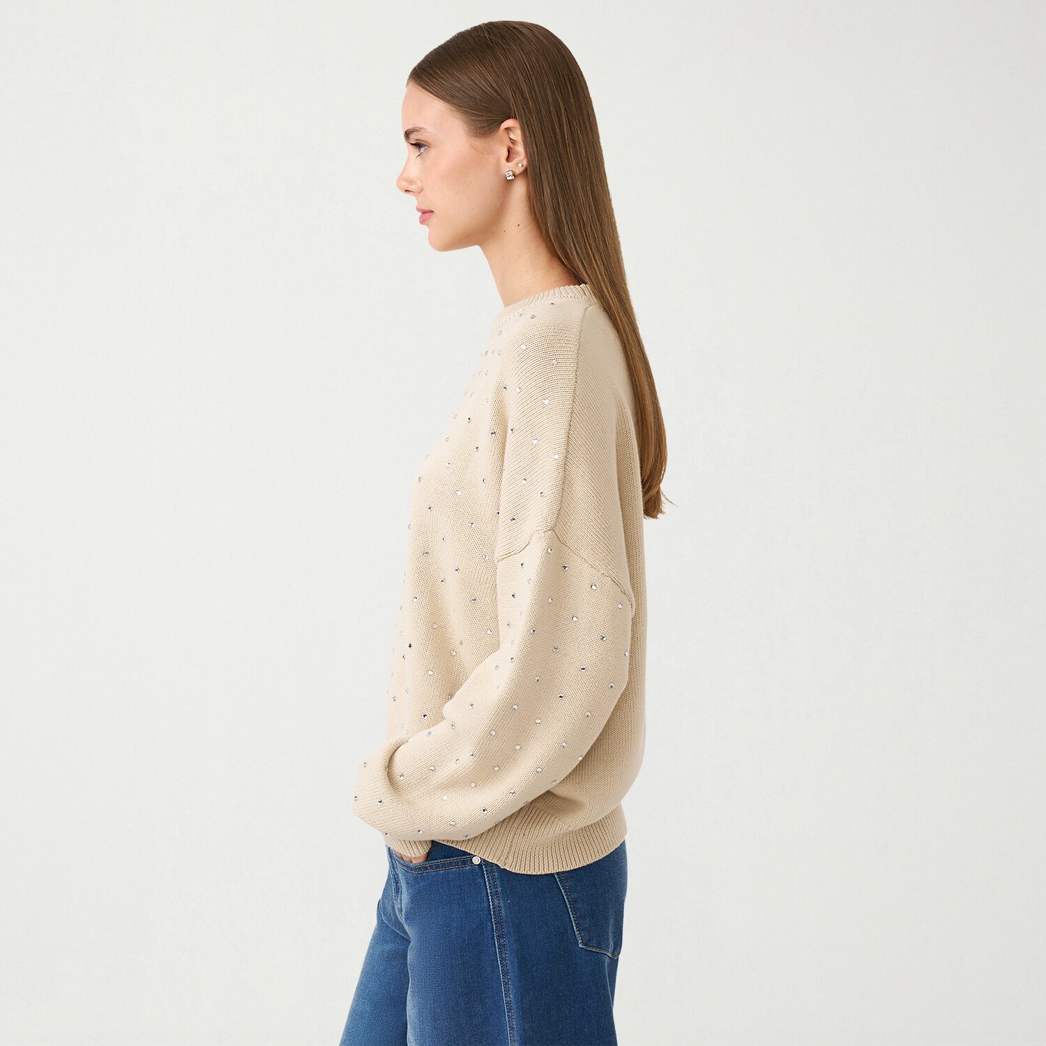RM Rebecca Minkoff Womens Crew Neck Embellished Long Sleeve Pullover Sweater