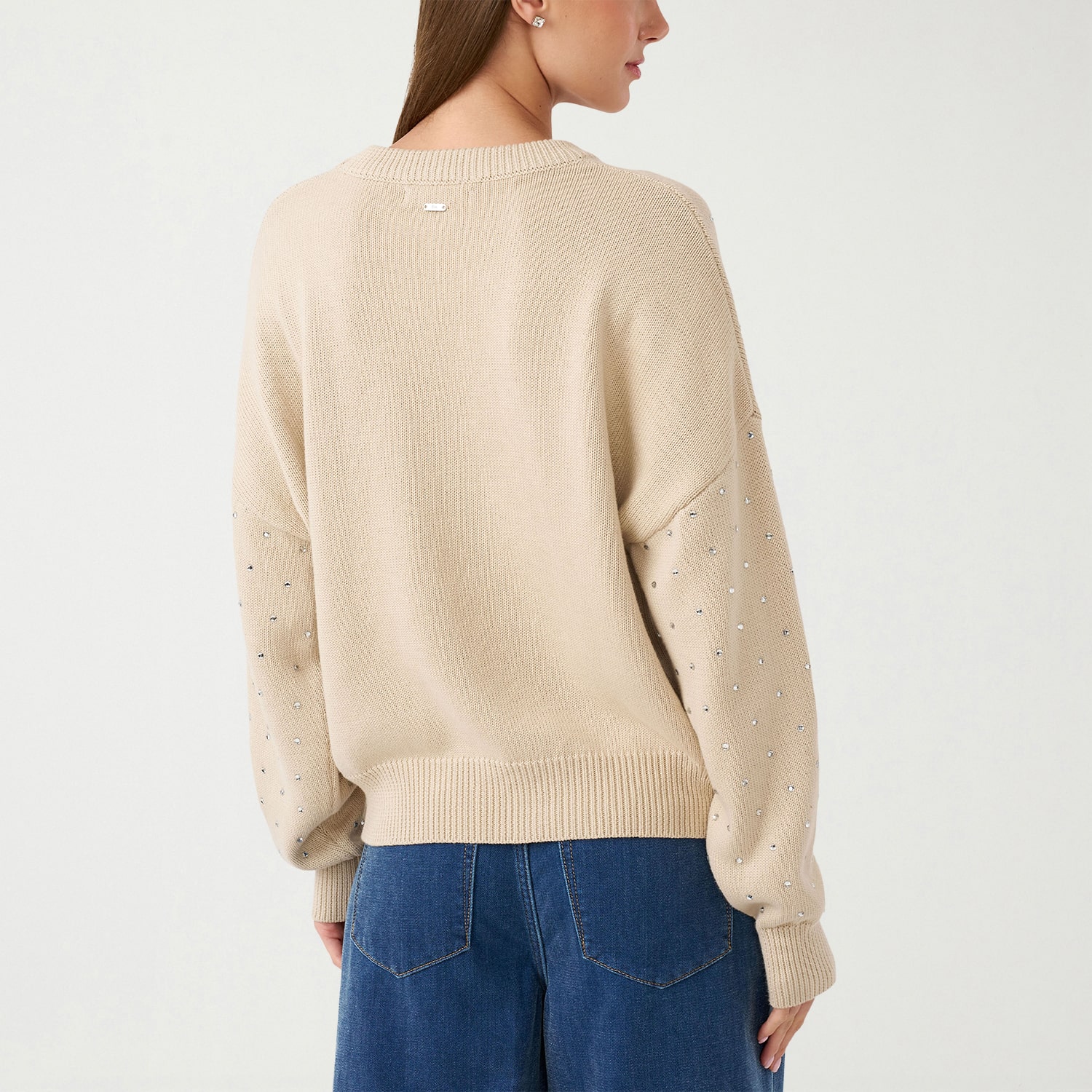 RM Rebecca Minkoff Womens Crew Neck Embellished Long Sleeve Pullover Sweater