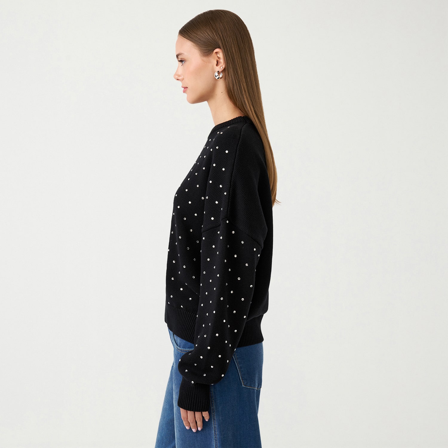 RM Rebecca Minkoff Womens Crew Neck Embellished Long Sleeve Pullover Sweater