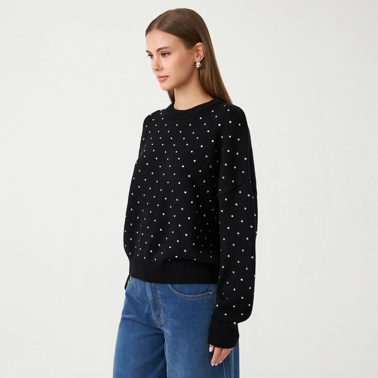 RM Rebecca Minkoff Womens Crew Neck Embellished Long Sleeve Pullover Sweater