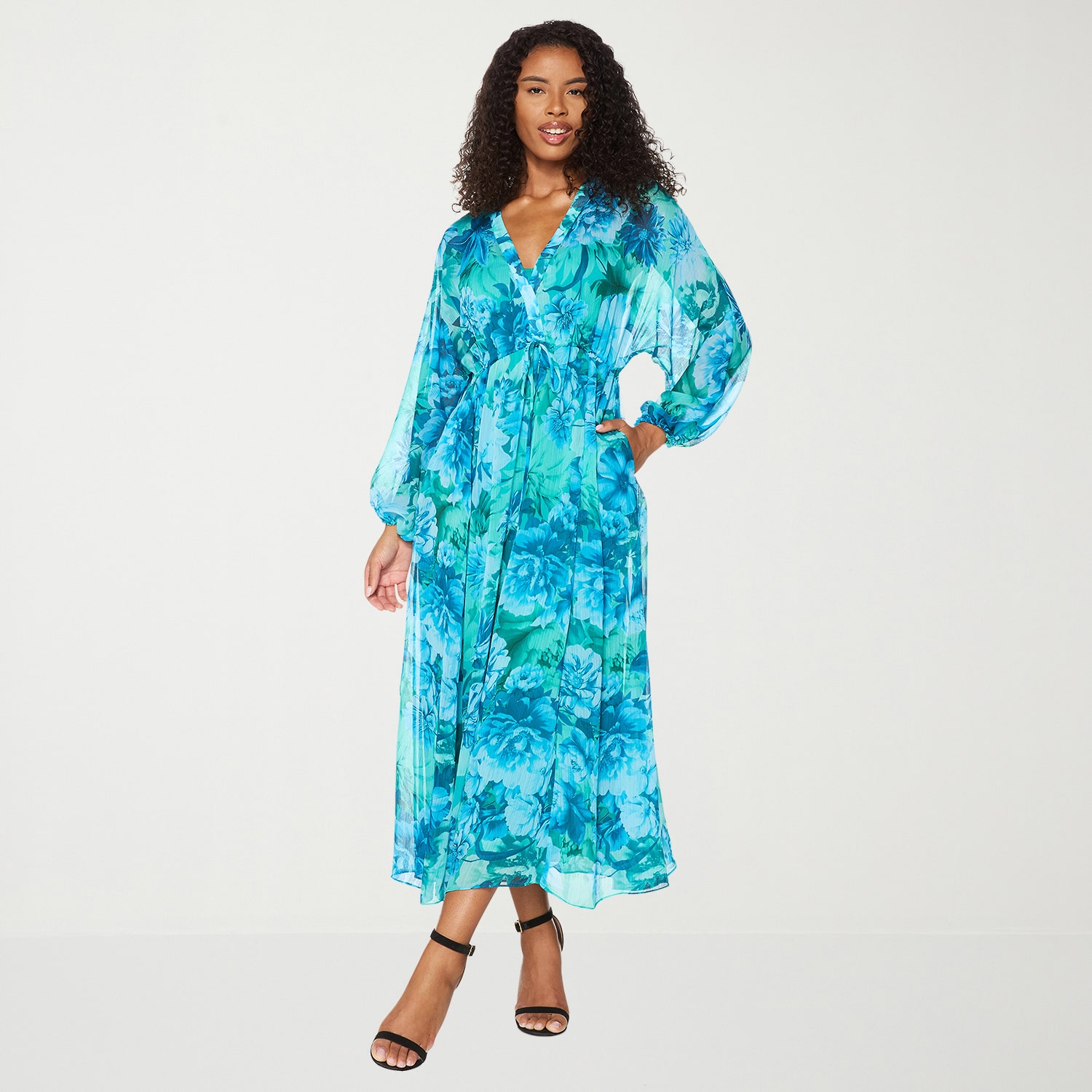 Premier Amour Womens V Neck Long Sleeve Puffed Chiffon Maxi Dress