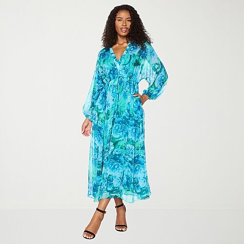 Premier Amour Womens V Neck Long Sleeve Puffed Chiffon Maxi Dress In Green