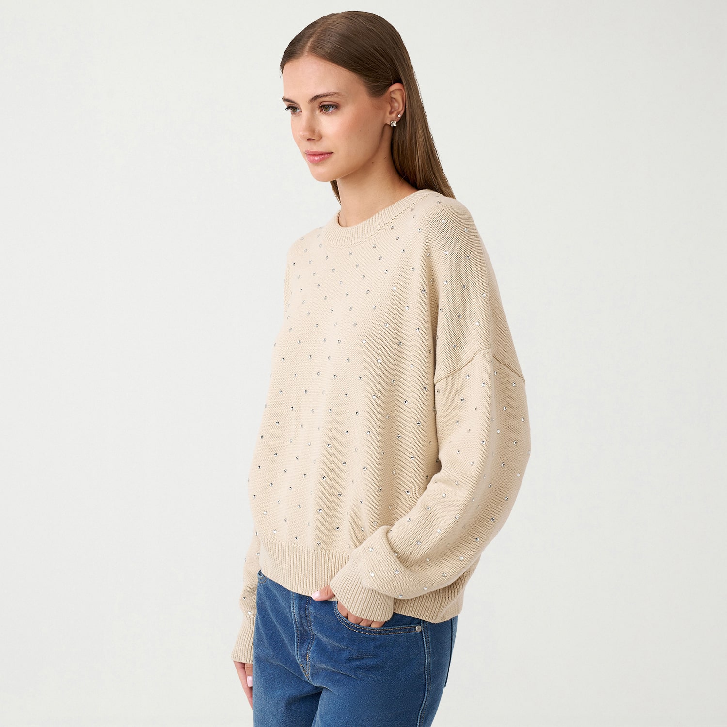 RM Rebecca Minkoff Womens Crew Neck Embellished Long Sleeve Pullover Sweater