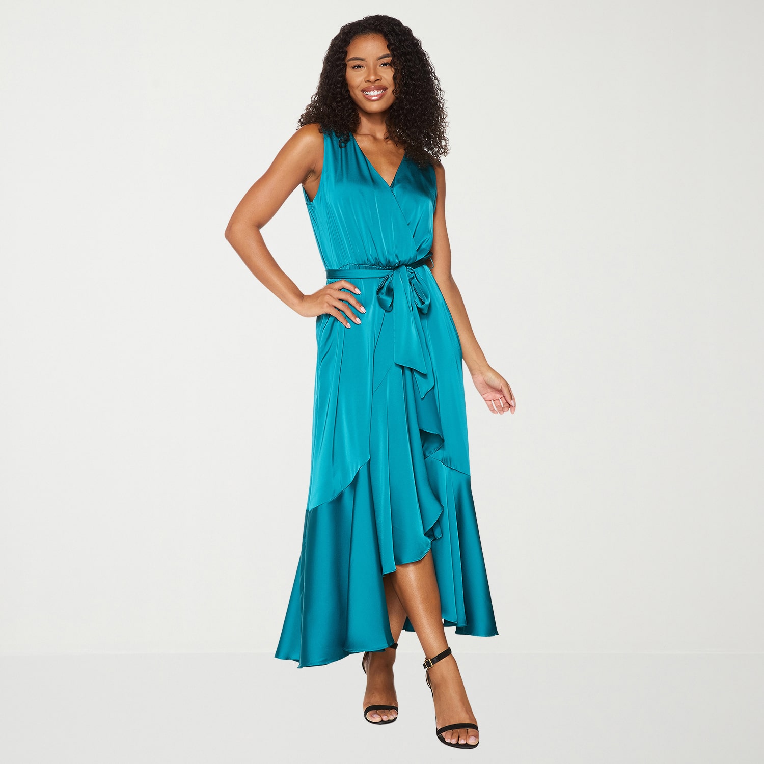 Premier Amour Womens High-Low V Neck Sleeveless Satin Evening Gown