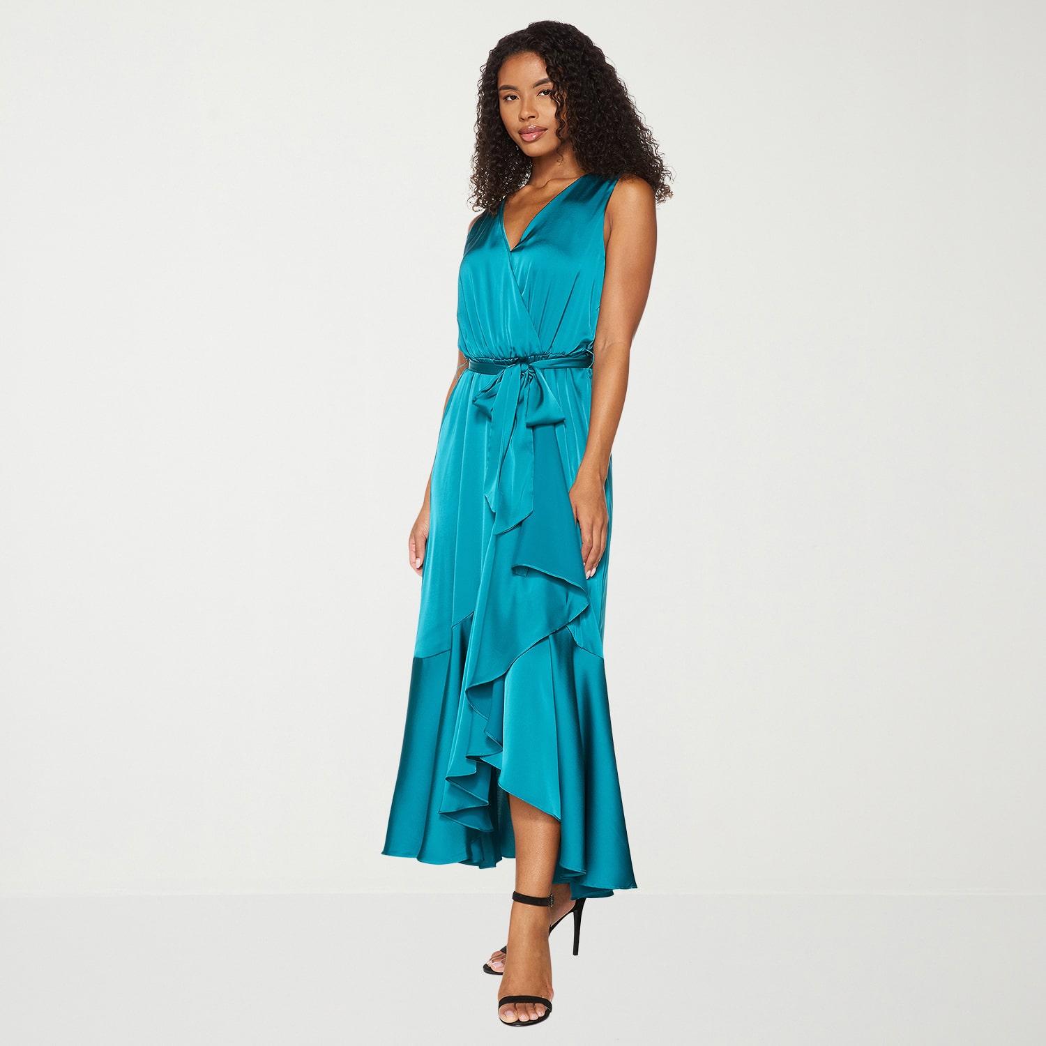 Premier Amour Womens High-Low V Neck Sleeveless Satin Evening Gown