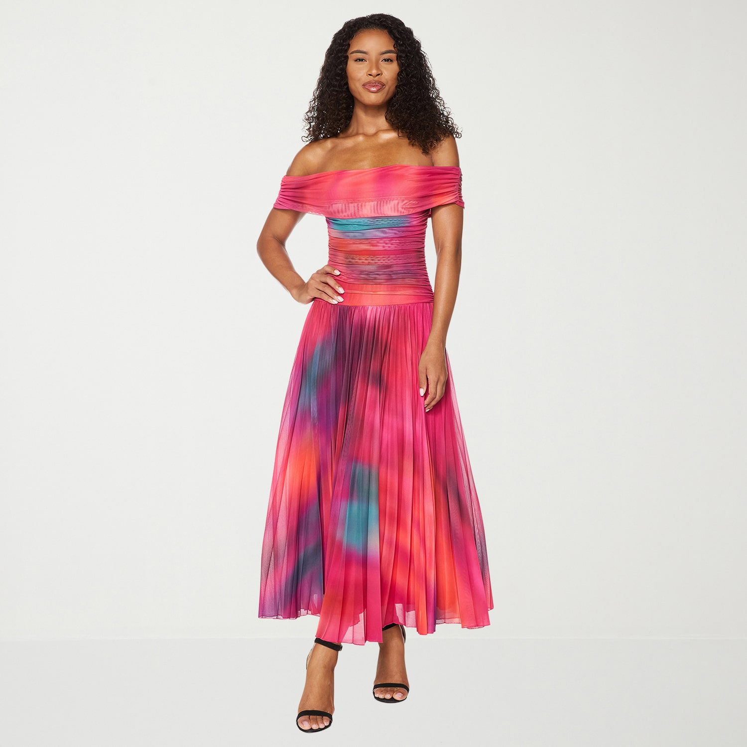 Premier Amour Womens Midi Straight Neck Sleeveless Off the Shoulder Tonal Fit + Flare Dress