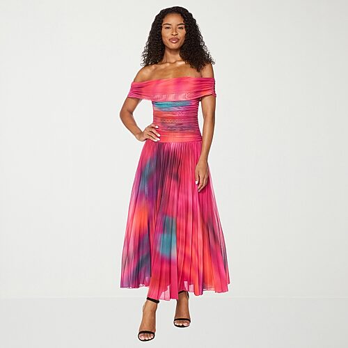 Premier Amour Womens Midi Straight Neck Sleeveless Off The Shoulder Tonal Fit + Flare Dress In Pink