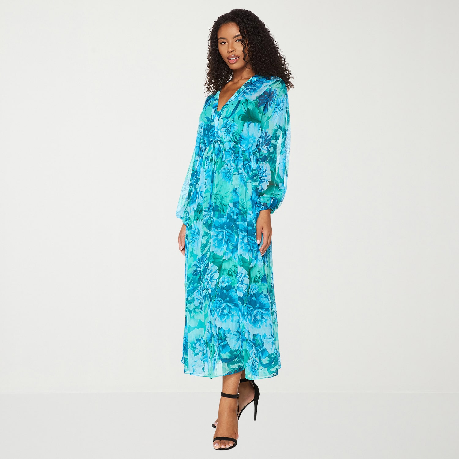 Premier Amour Womens V Neck Long Sleeve Puffed Chiffon Maxi Dress