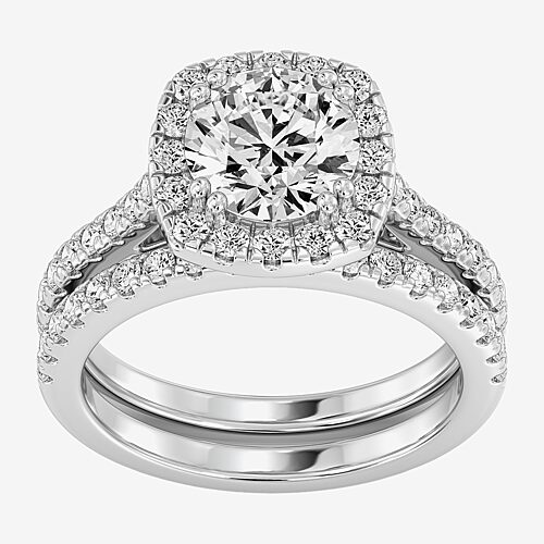 (F / Si1-Si2) Womens 3 CT. T.W. Lab Grown White Diamond Sterling Silver Cushion Side Stone Halo Bridal Set, 8, White