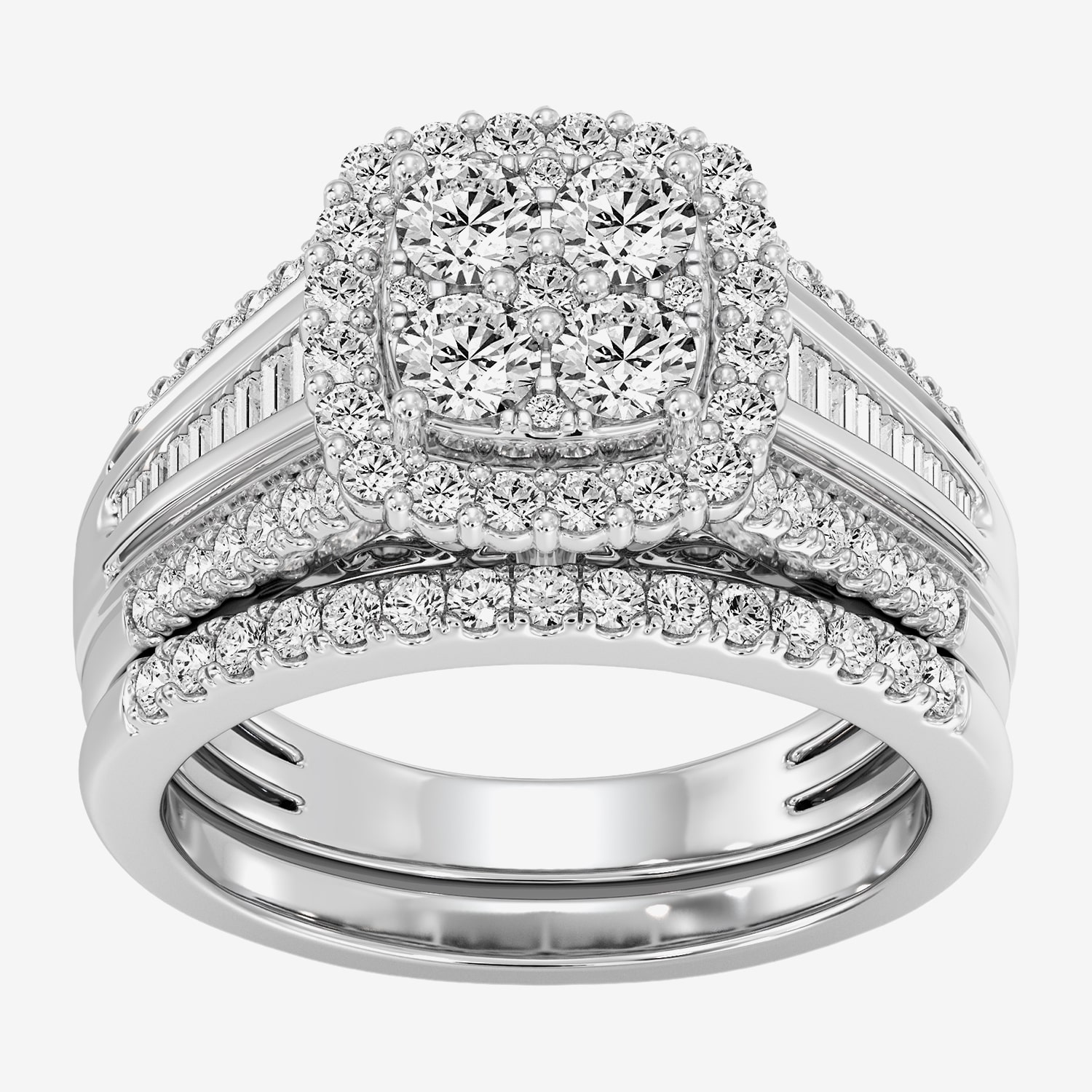 (F / Si1-Si2) Womens 1 1/2 CT. T.W. Lab Grown White Diamond Sterling Silver Cushion Side Stone Bridal Set