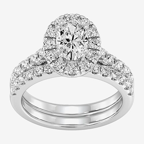 (F / Si1-Si2) Womens 2 CT. T.W. Lab Grown White Diamond Sterling Silver Oval Side Stone Halo Bridal Set, 9, White